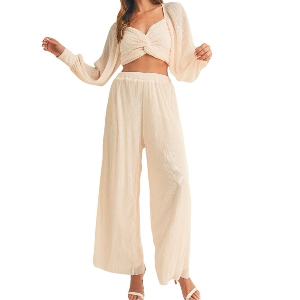 Mable Nele Front Twisted Pleated Boho Two-Piece Set Cream Size Small